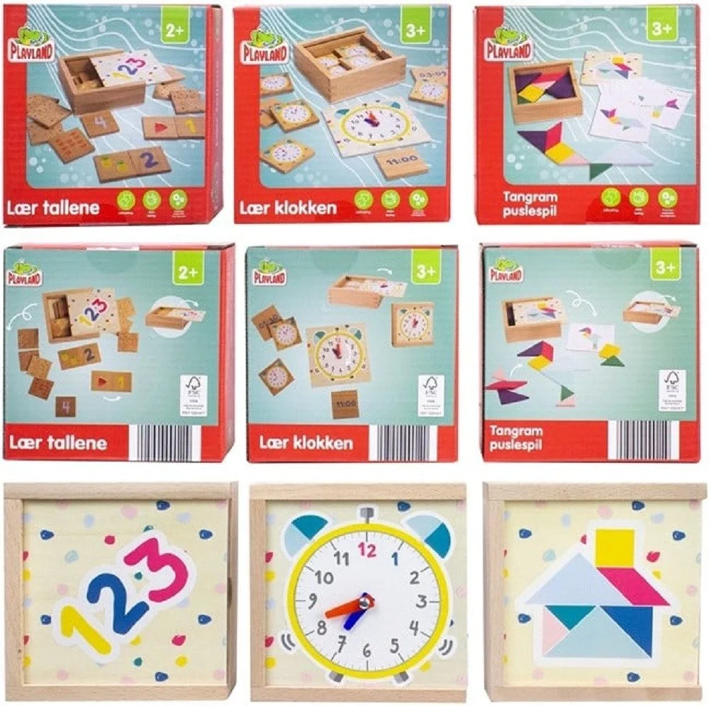 Holz Lernspiel Set – Zahlen, Uhrzeit oder Tangram (Auswahl)